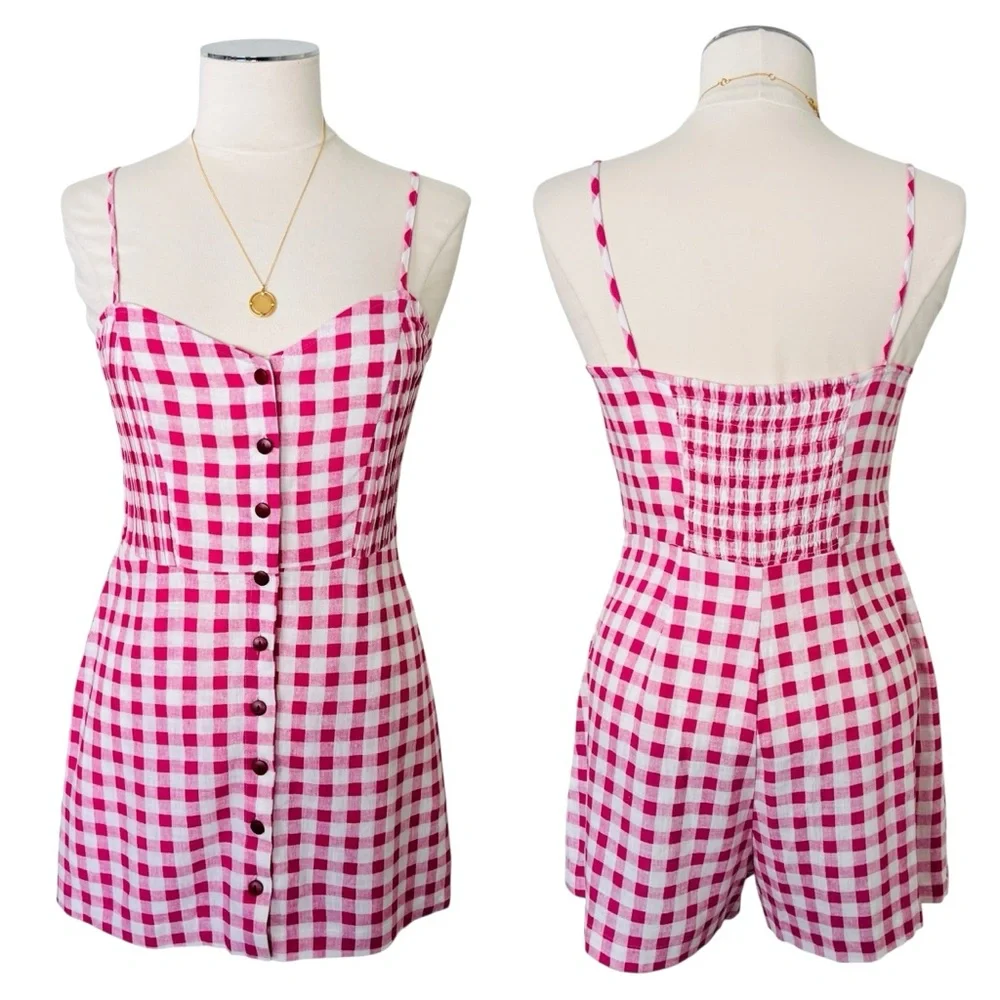 ZARA Pink Gingham Romper/ Mini Dress Sz M Linen Blend Playsuit Sweetheart  White